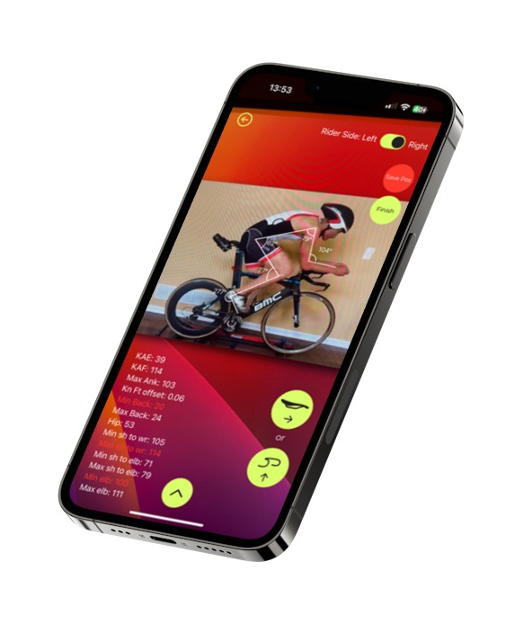 An iphone with bike fit performance app on motion analysis page open