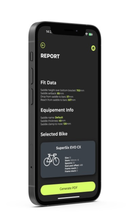 An iphone with bike fit performance app on report page open